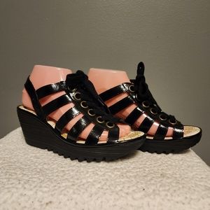 Fly London "Yito" black patent leather caged wedge lace up sandals SIZE …
